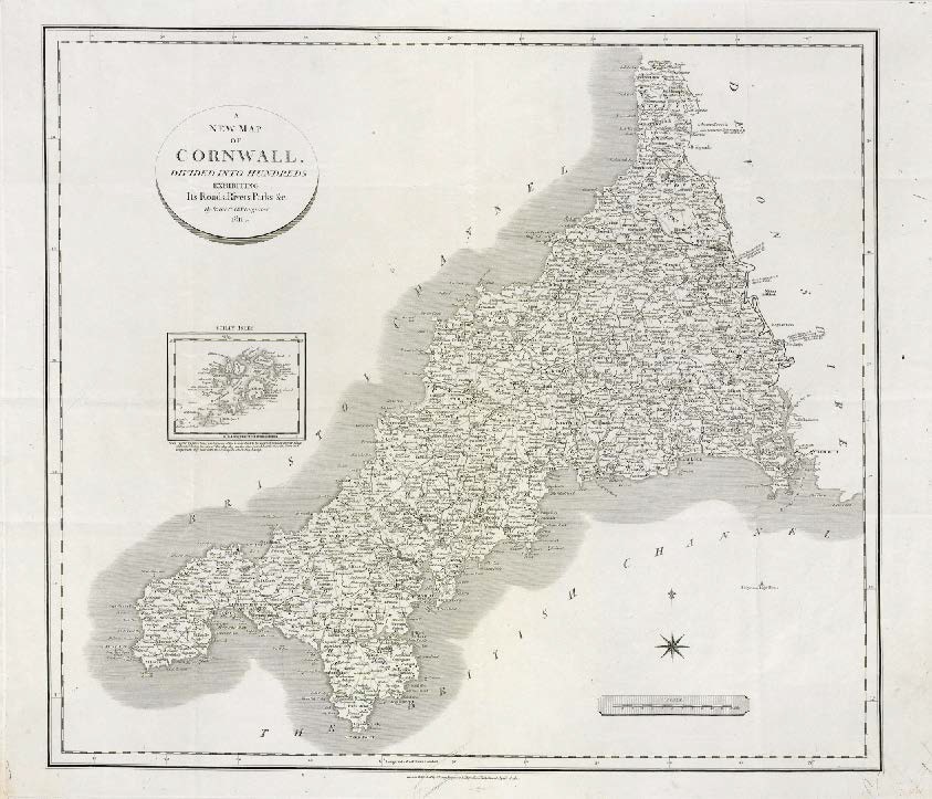 Cornwall 1811 (WSH11007), no colouring or notes except for handwritten abbreviated county name in bottom left corner.