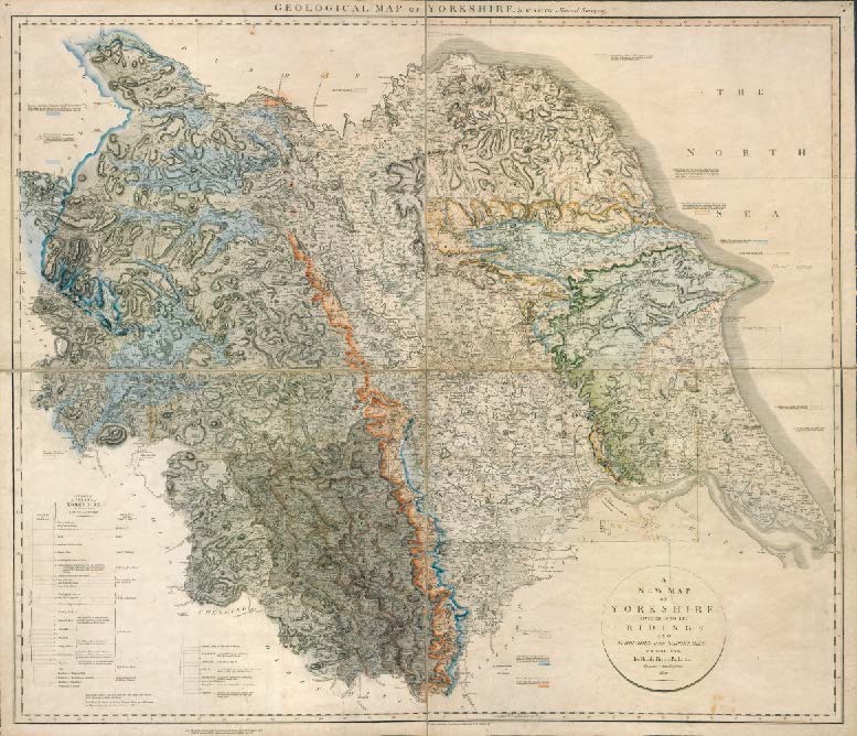 Yorkshire 1820 (WSH11046), geological colouring complete, extended legend (Coal Measures) engraved with no colours, engraved and coloured tablets with hand written changes.