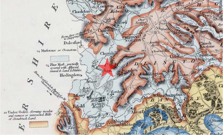 William Smith’s Geological Map of Oxfordshire (1820). Location of Smith’s birth palace at Churchill shown by the red star