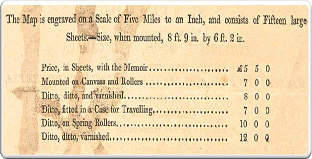 Price list from the prospectus with William Smith's map in 1815 showing the prices of the various formats in which the map was available